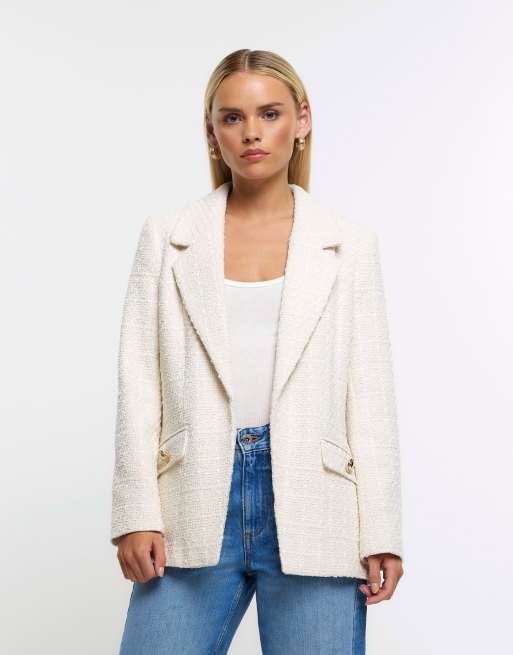 River Island Petite Boucle Entry Blazer in Cream | ASOS