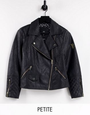 River Island Petite branded faux leather biker jacket in black - ASOS Price Checker