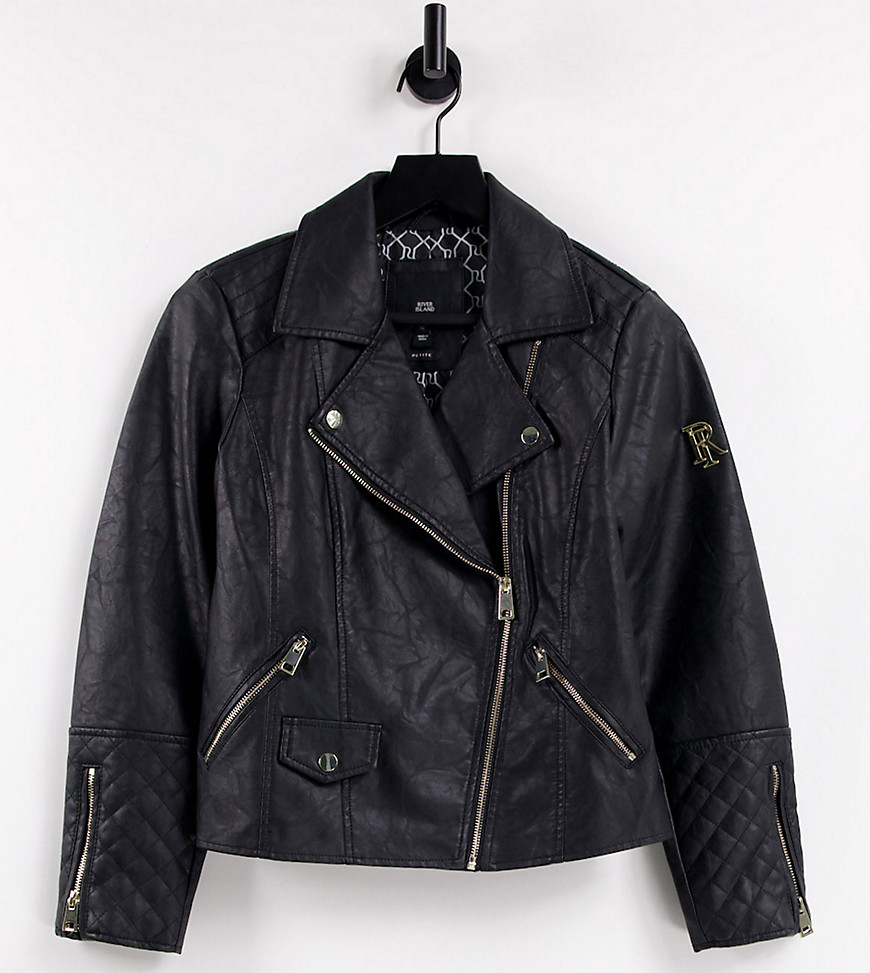 River Island Petite branded faux leather biker jacket in black