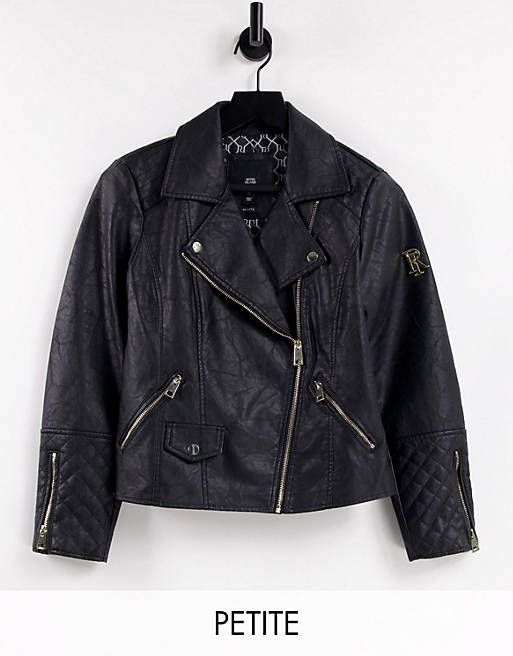River Island Petite branded faux leather biker jacket in black