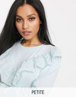 River Island Petite Broderie Frill Blouse In Blueblues ModeSens