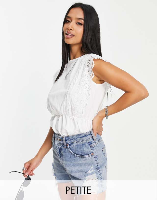 River Island Petite broderie ruffle tee in white