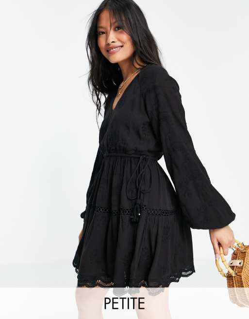 River Island Petite broderie tiered smock mini dress in black