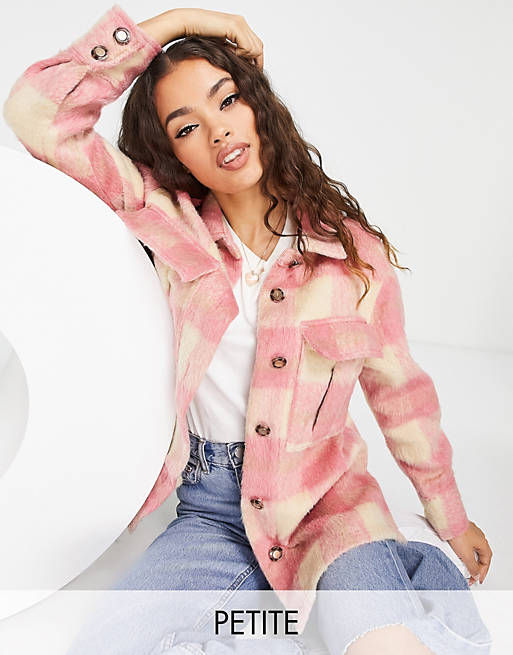 River Island Petite brushed check overshirt in pink