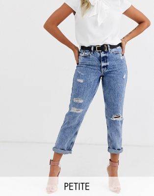 River Island Petite Bundy mum jeans with rips in mid wash-Blues