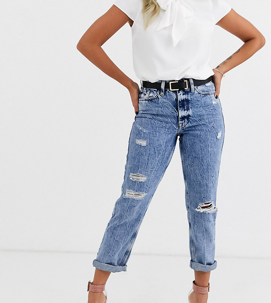 River Island Petite Bundy mum jeans with rips in mid wash-Blues
