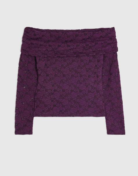 River Island Petite Burgundy lace bardot top in burgundy