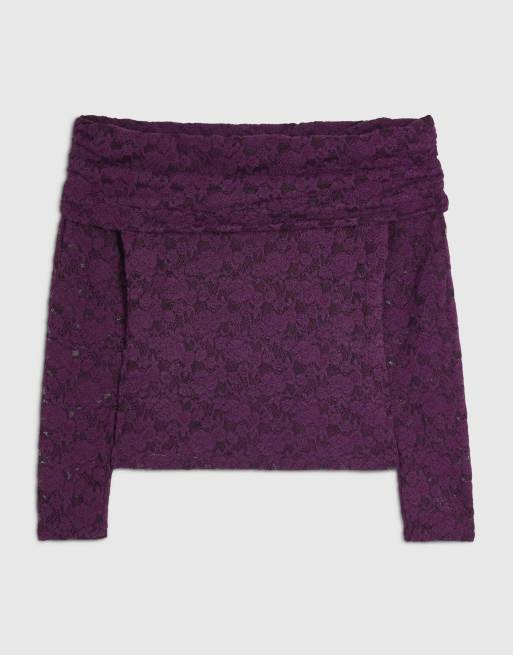 River Island Petite Burgundy lace bardot top in burgundy, 3 of 3