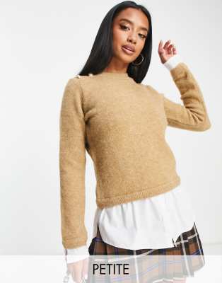 River Island Petite button detail hybrid sweater in brown