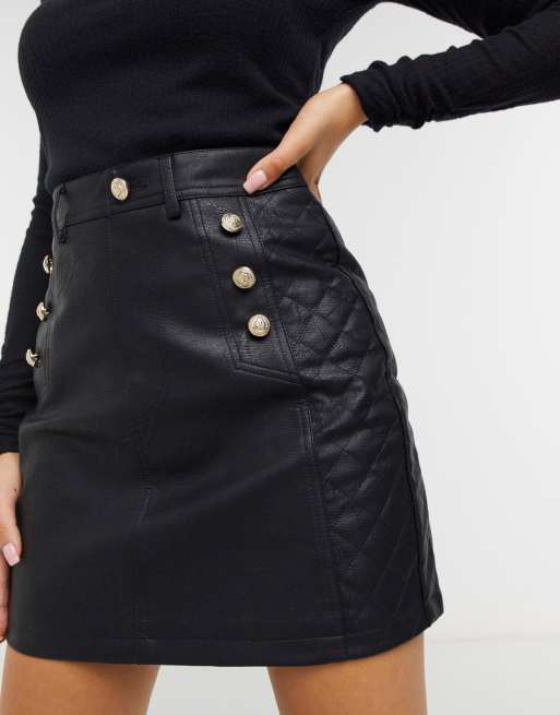 River Island Petite button detail quilted faux leather mini skirt in black