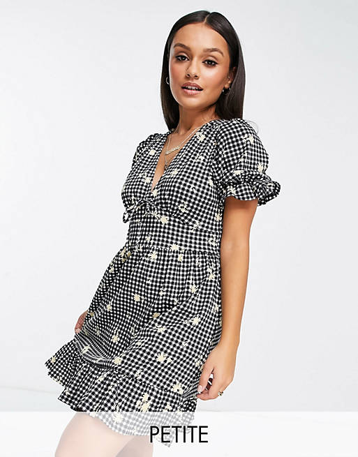Women River Island Petite button front gingham floral mini dress in black 
