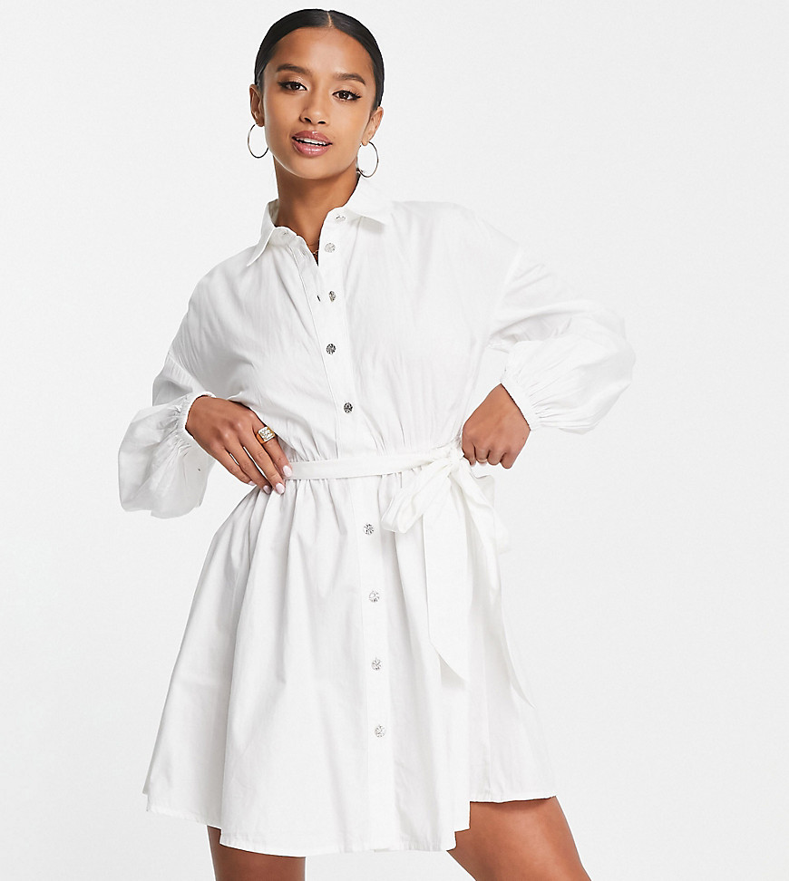 River Island Petite button through shirt mini dress in white