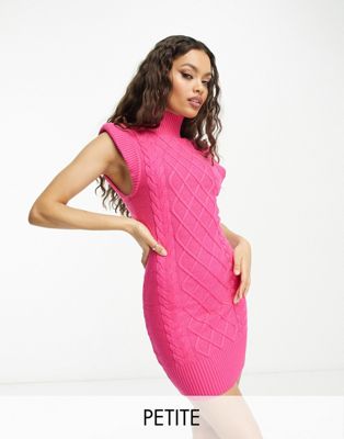 Shop River Island Petite Cable Knit Mini Dress In Bright Pink