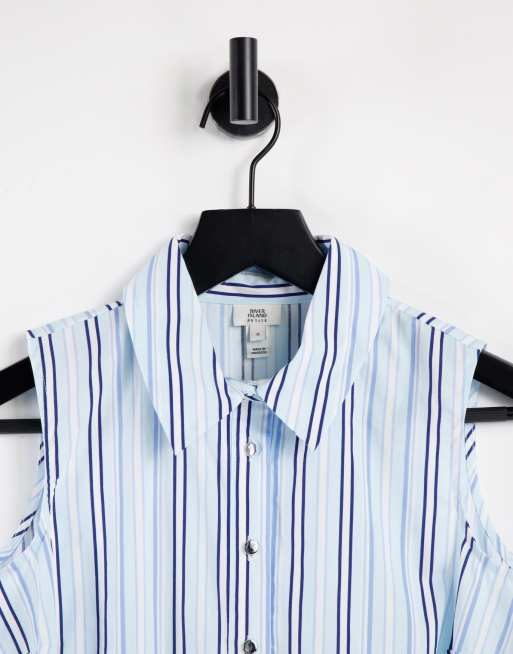 River Island Petite - Camicia senza maniche con orlo con volant blu a righe, 3 di 4