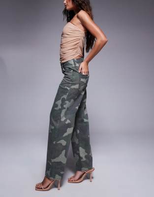 River Island Petite Camo Print Relaxed Straight Jean In Green