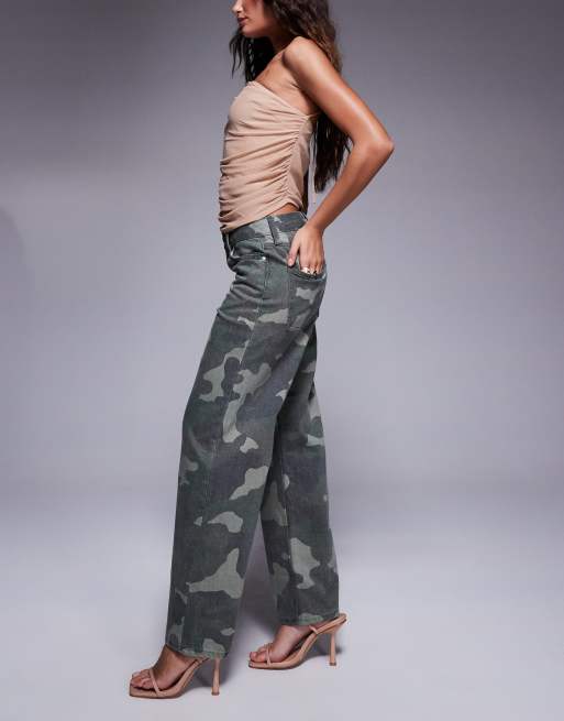 River Island Petite camo print relaxed straight jeans in khaki, 2 of 5