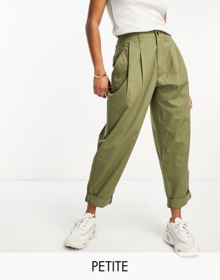 River Island Petite Cargo Pants With Turned Hem In Khaki-green