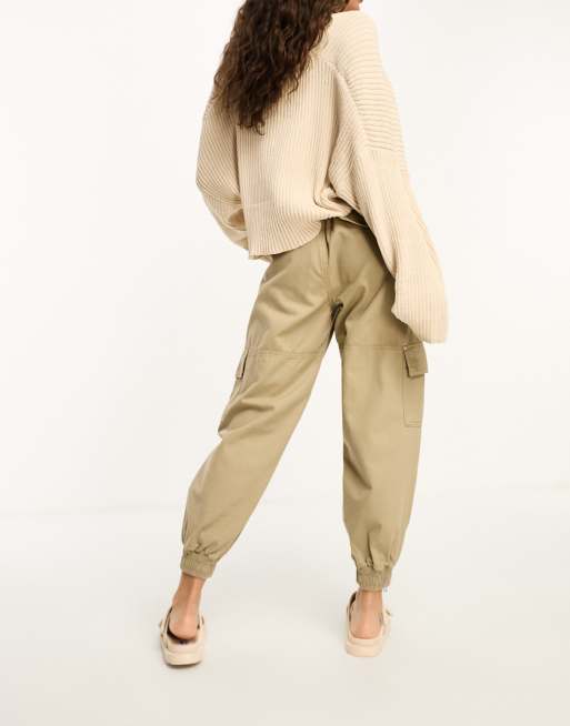 River Island Petite cargo trouser with zip cuff in beige, 3 of 4