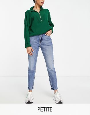 River Island Petite Carrie slim mom high waisted jeans in medium blue - ASOS Price Checker