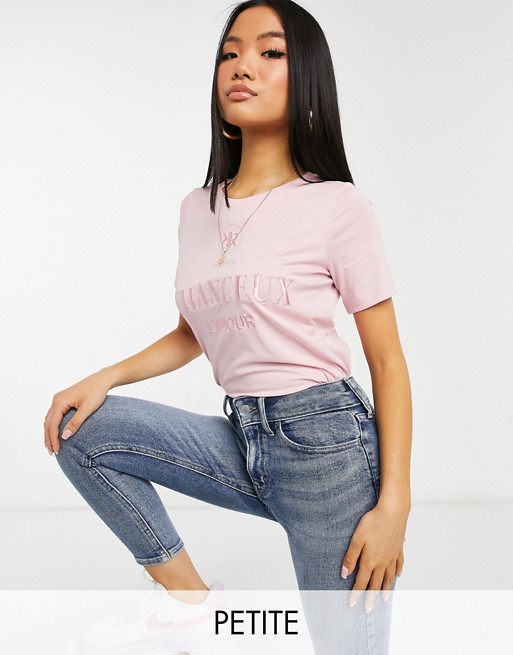 River Island Petite Chanceux slogan t-shirt in pink