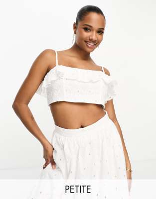 River Island Petite co-ord broderie bandeau frilly crop top in white