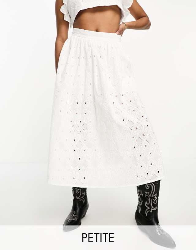 River Island Petite - co-ord broderie midi skirt in white