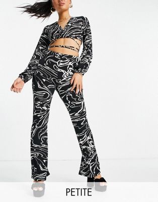 River Island Petite co-ord marble print flared trouser in black