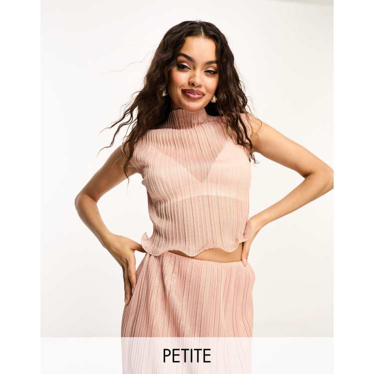River Island Petite co ord plisse frill hem top in light pink ASOS