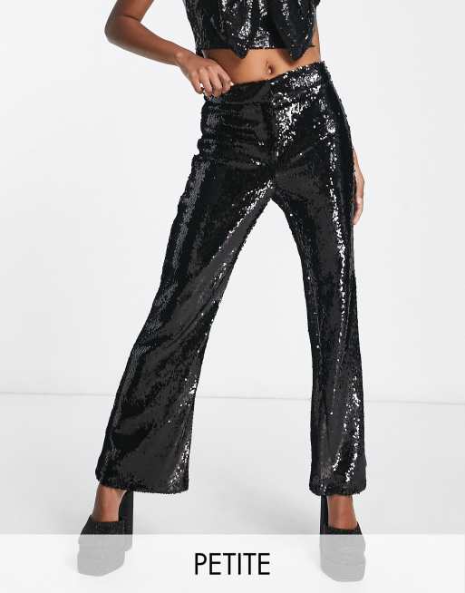 River Island Petite co-ord sequin flare trouser in black | ASOS