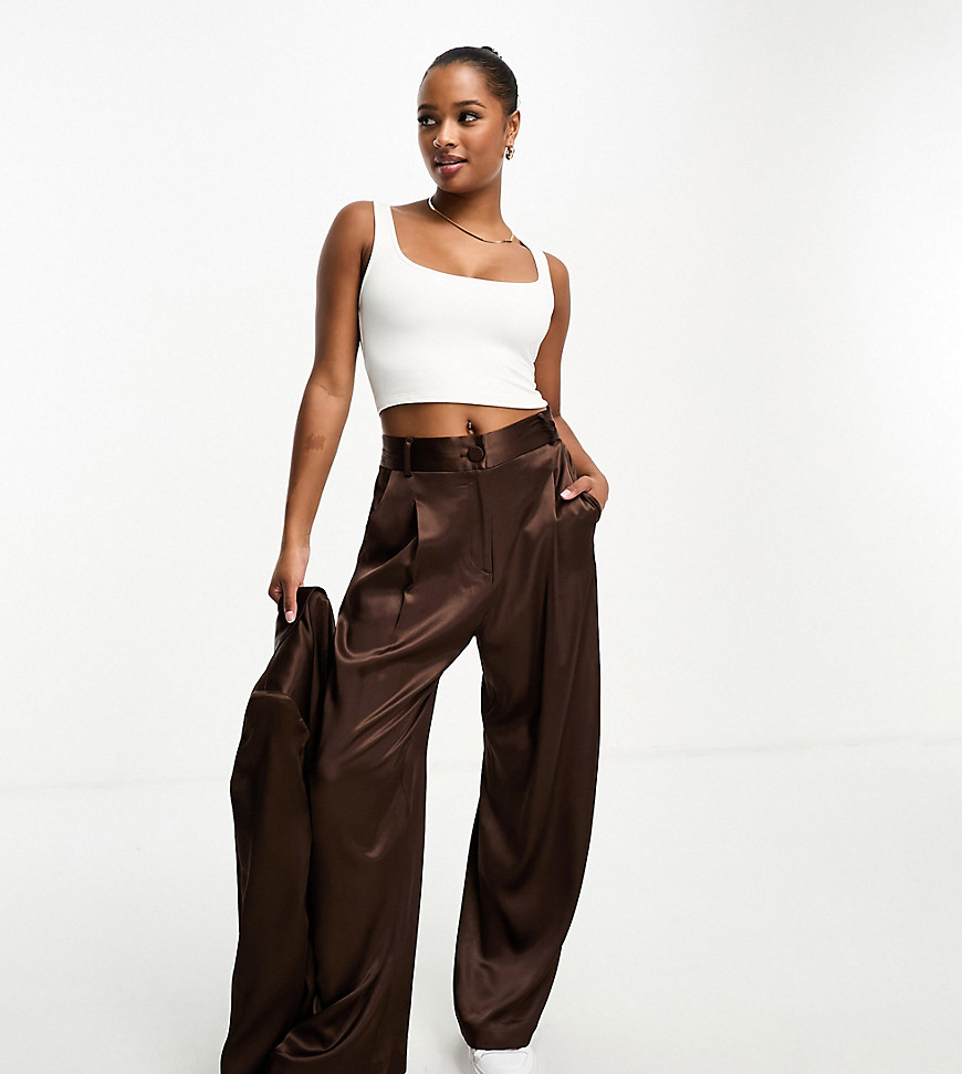 River Island Petite co-ord wide leg pleated dad trousers in dark brown