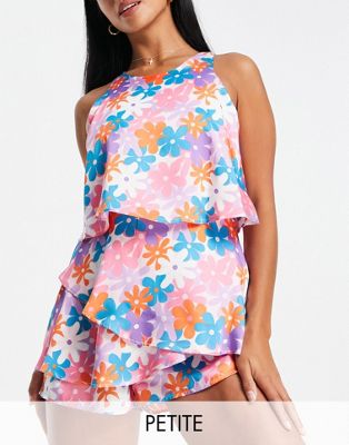 River Island Petite floral frill layer playsuit in bright pink - ASOS Price Checker