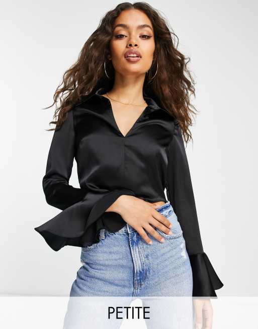 River Island Petite corset frill cuff shirt in black | ASOS