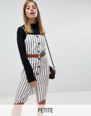 River Island - Petite - Sukienka na rami?czkach w kremowe i br?zowe pasy z guzikami-Wielokolorowy W paski