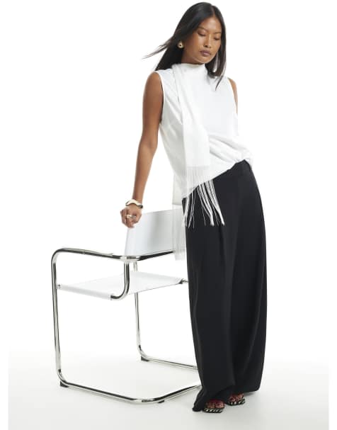 River Island Petite crepe wide leg trousers in black - view 1