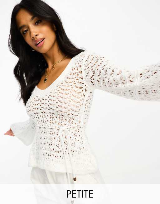 Womens LUCKY BRAND Crochet V Neck Tunic Sweater XS White Tie Waist Festival  Top