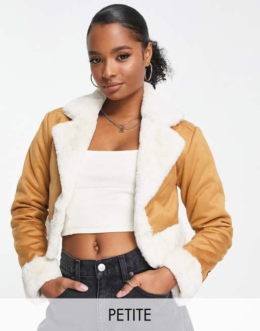 Island Petite crop faux shearling jacket with borg trim light brown | ASOS