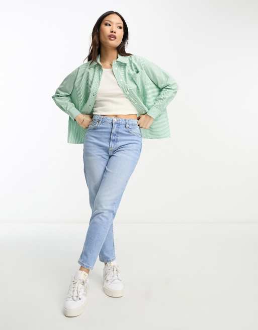 River Island Petite cropped shirt in green stripe, 2 of 4