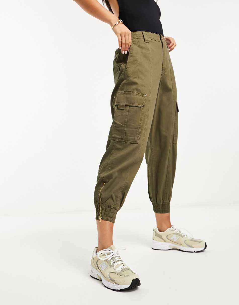 River Island Petite cuffed cargo trousers in khaki