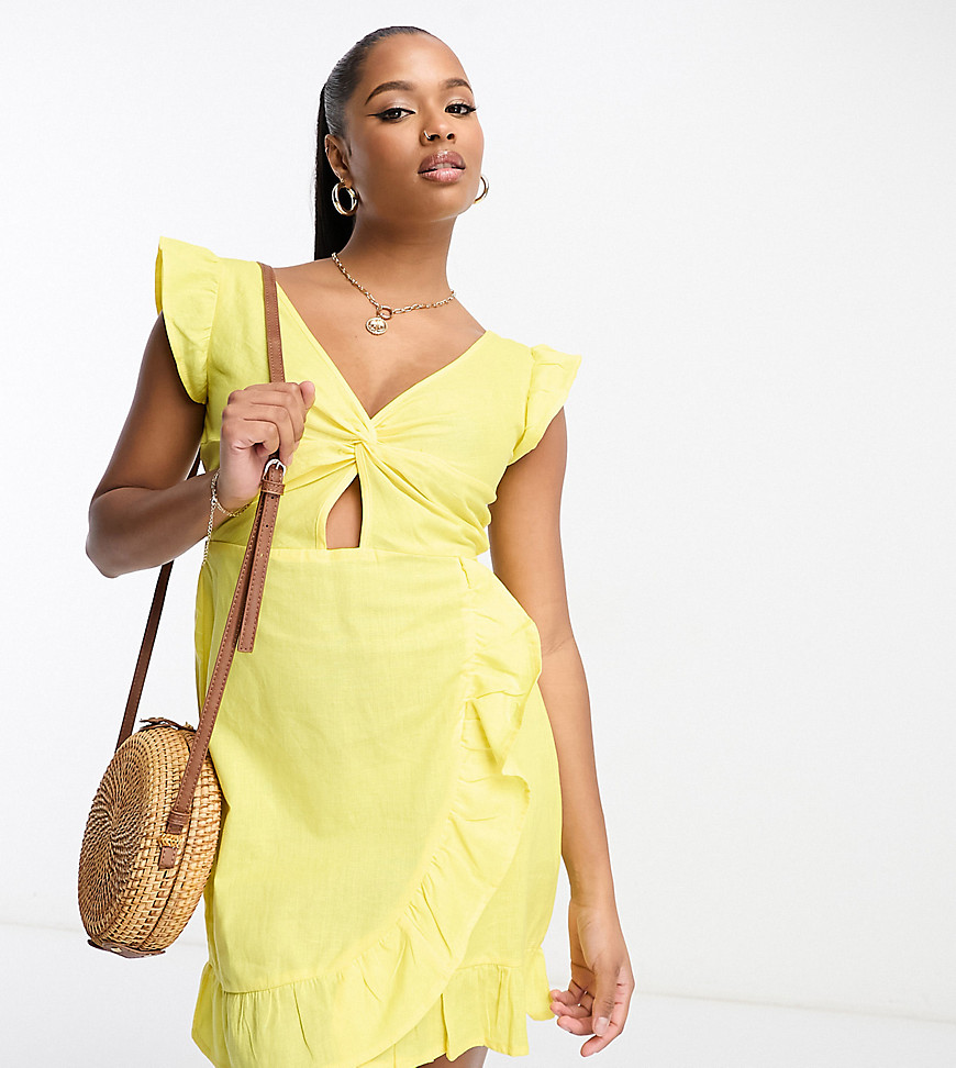 River Island Petite cut out frill sleeve mini dress in yellow