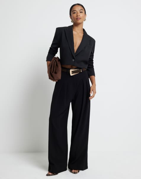 River Island Petite pleated wide leg trouser in black