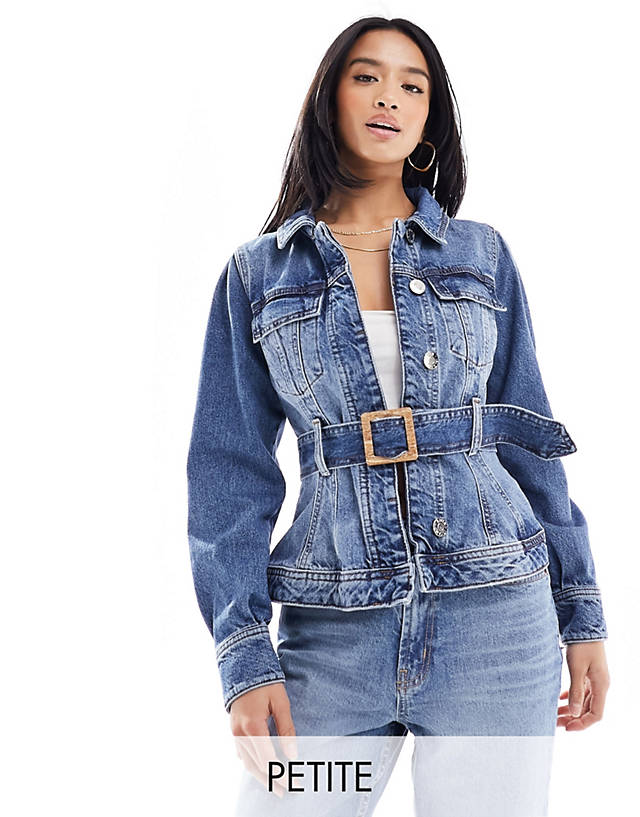 River Island Petite - denim jacket with belted waist in blue