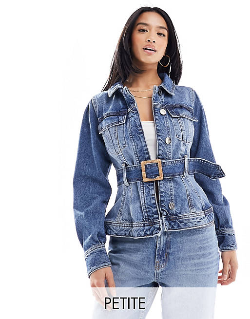 River Island Petite denim jacket with belted waist in blue | ASOS