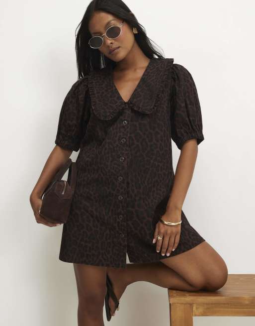 River Island Petite denim leopard print shirt dress in brown, 2 of 4