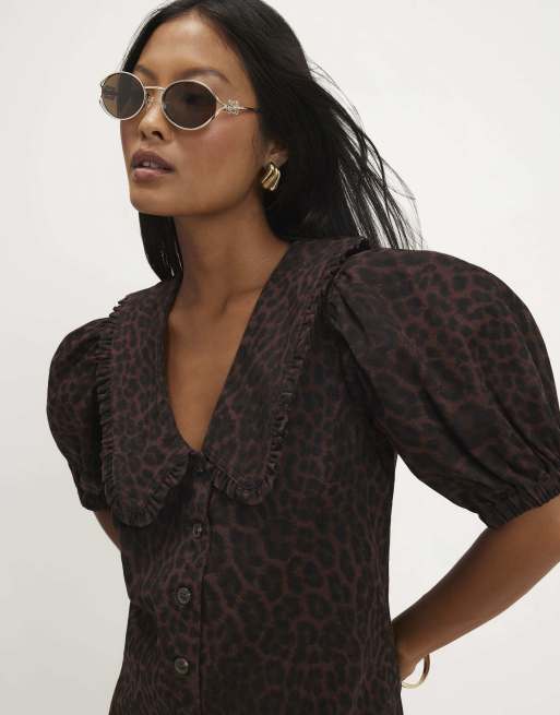 River Island Petite denim leopard print shirt dress in brown, 3 of 4