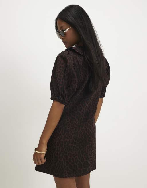 River Island Petite denim leopard print shirt dress in brown, 4 of 4