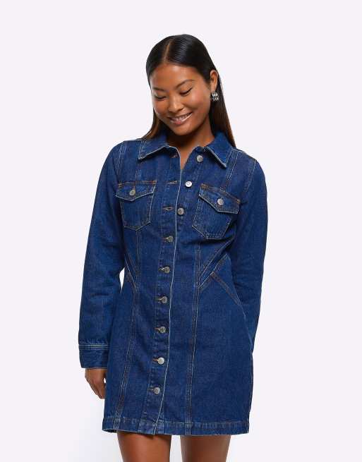 S-5XL Plus Size Denim Shirt Dress Womens Collared Button Long Dress with  Pockets