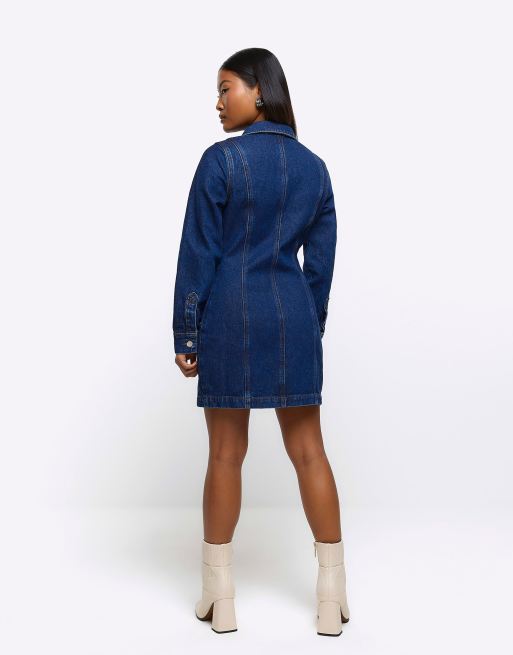 river island denim mini dress River Island Ruched Front Frill Denim Mini Dress Size 2 Fitted Flattering