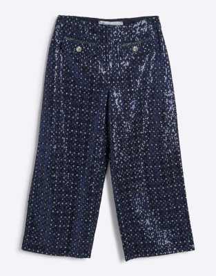 River Island Petite denim sequin wide leg crop jeans in denim - dark-Navy