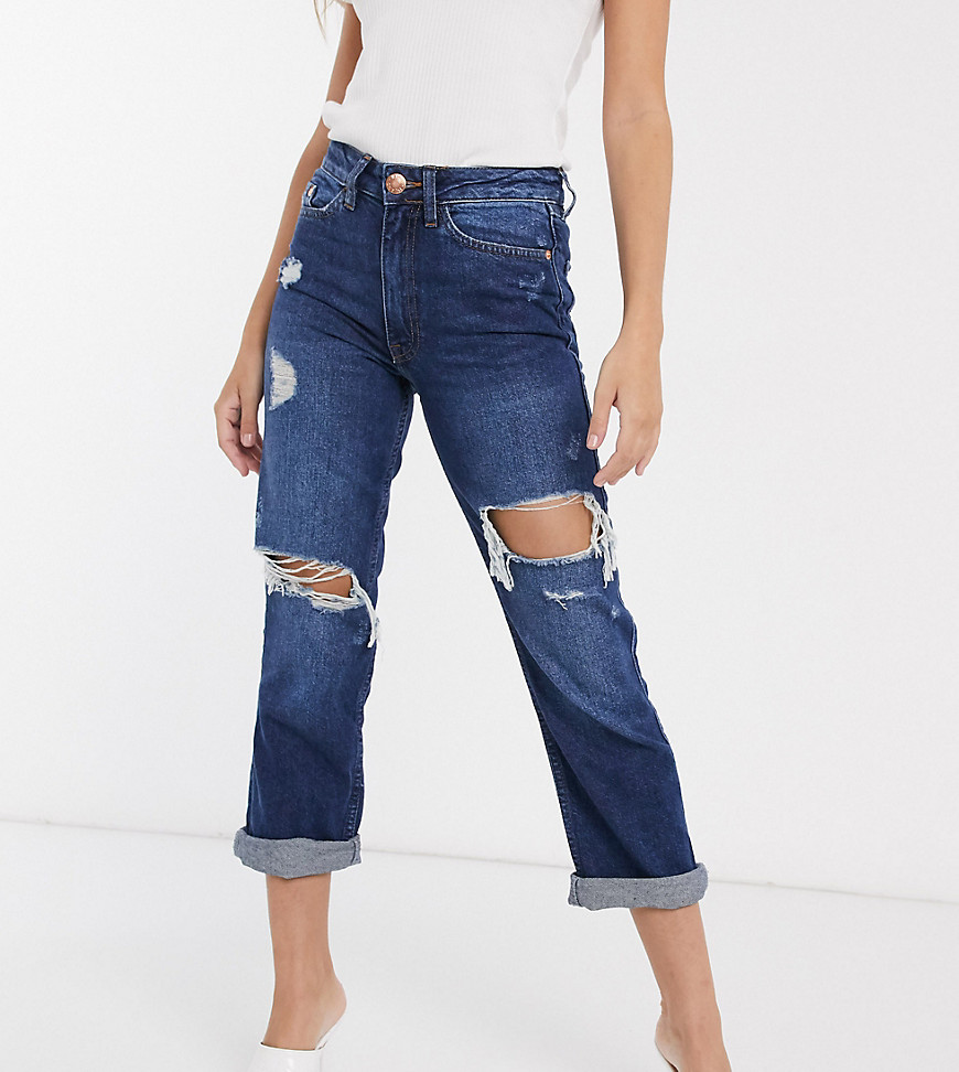 River Island Petite destroyed mom jeans in mid auth blue