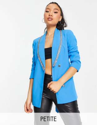 River Island Petite diamante trim belted blazer in blue - ASOS Price Checker